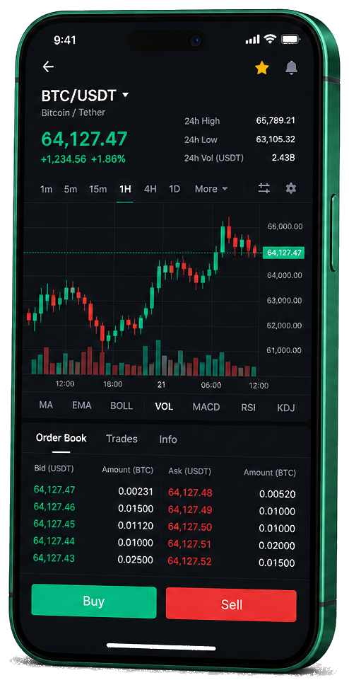 Výplata Tržníkov mobilní obchodní platforma — živý graf BTC/USDT, kniha objednávek a rozhraní nákupu/prodeje